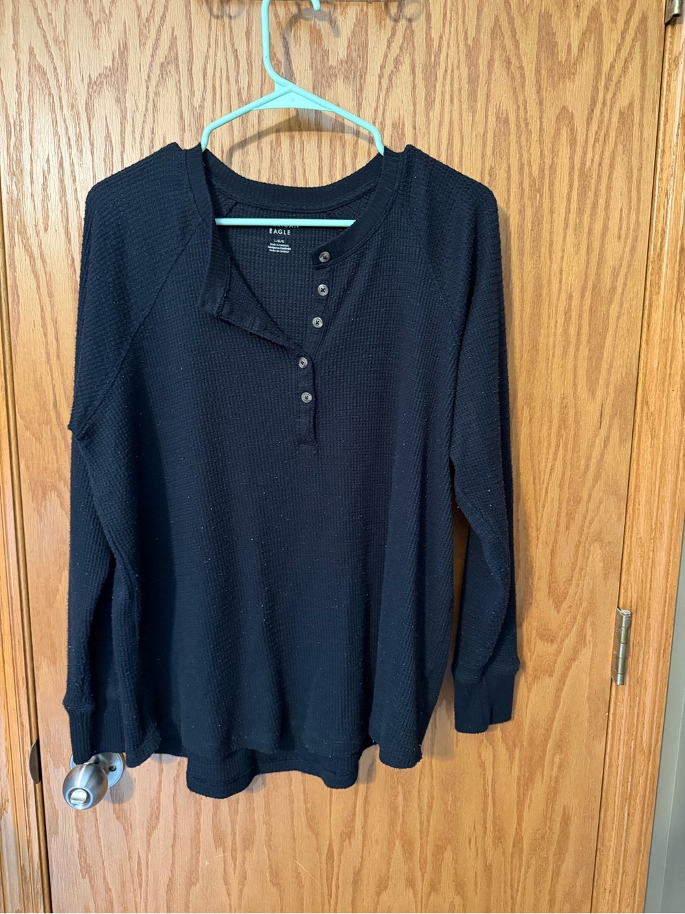 American Eagle Outfitters Black Waffle Henley Sweater